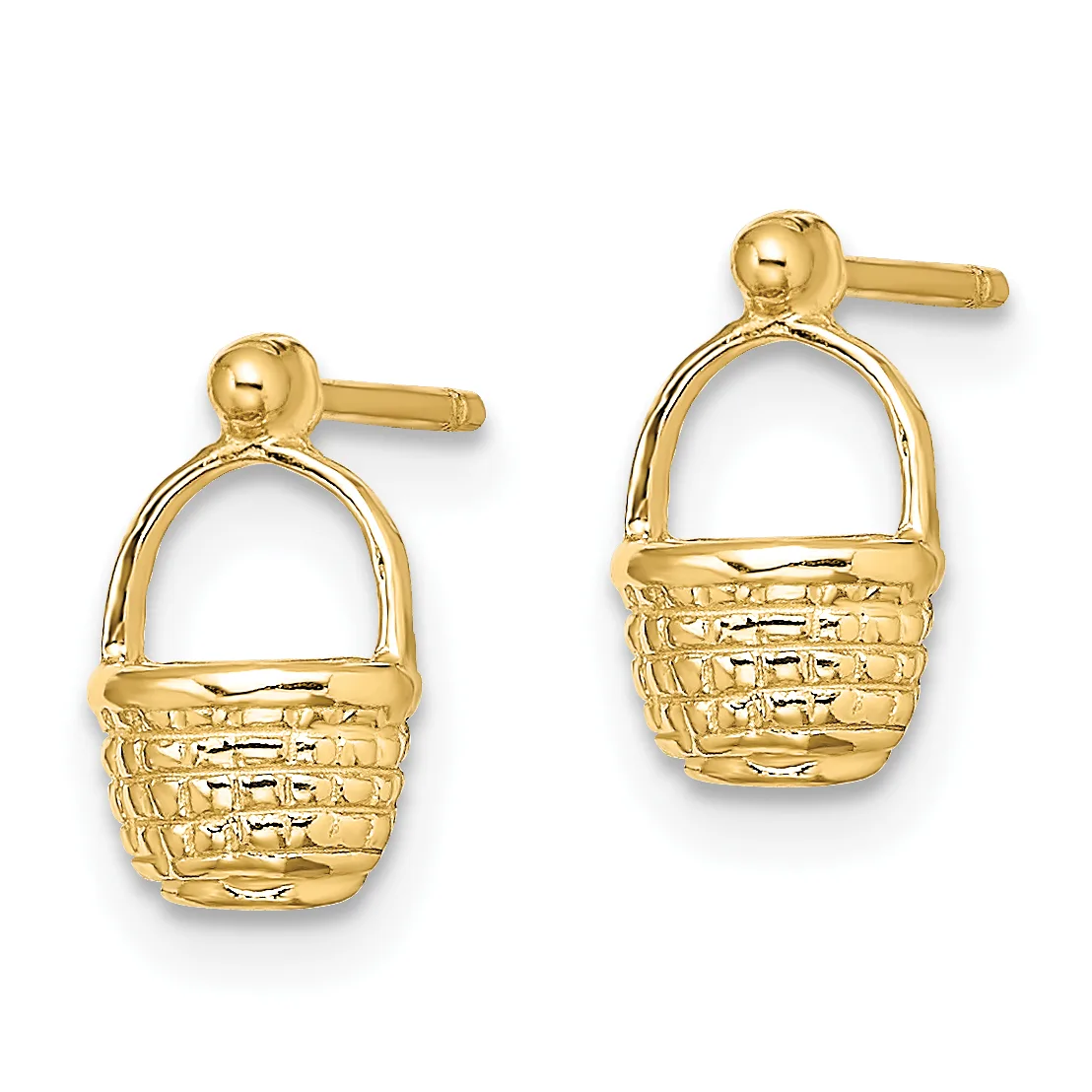 A pair of gold basket-shaped drop earrings with textured woven details and ball studs on a white background.