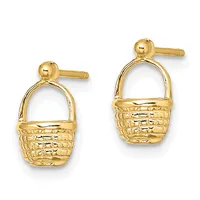 A pair of gold basket-shaped drop earrings with textured woven details and ball studs on a white background.