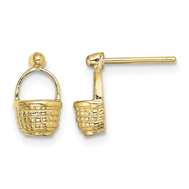 A pair of gold basket-shaped stud earrings with textured woven detailing and ball posts, shown from front and side views.