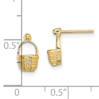 Two gold basket-shaped stud earrings with textured woven pattern and ball post backs, shown with a measurement scale indicating approximately 0.5 inches in height.