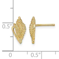 Gold textured shell-shaped stud earrings shown front and back view with measurement scale indicating approximately 0.5 inches in height.