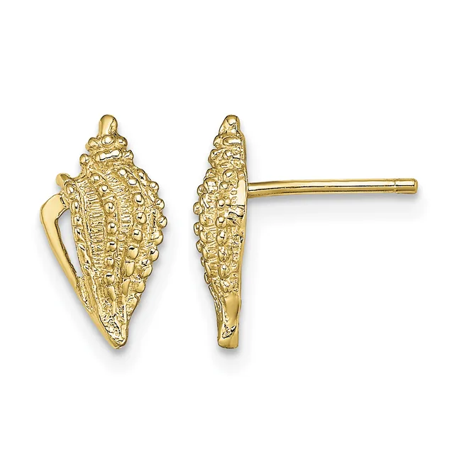 Pair of gold shell-shaped stud earrings with textured surface detail, shown from front and side views.