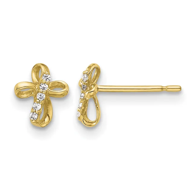 A pair of gold cross-shaped stud earrings with diamond accents along the vertical bar, shown from front and side views.