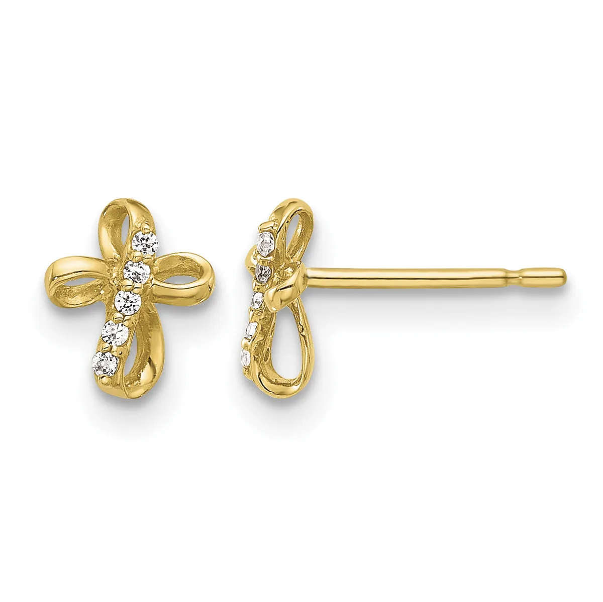 A pair of gold cross-shaped stud earrings with diamond accents along the vertical bar, shown from front and side views.