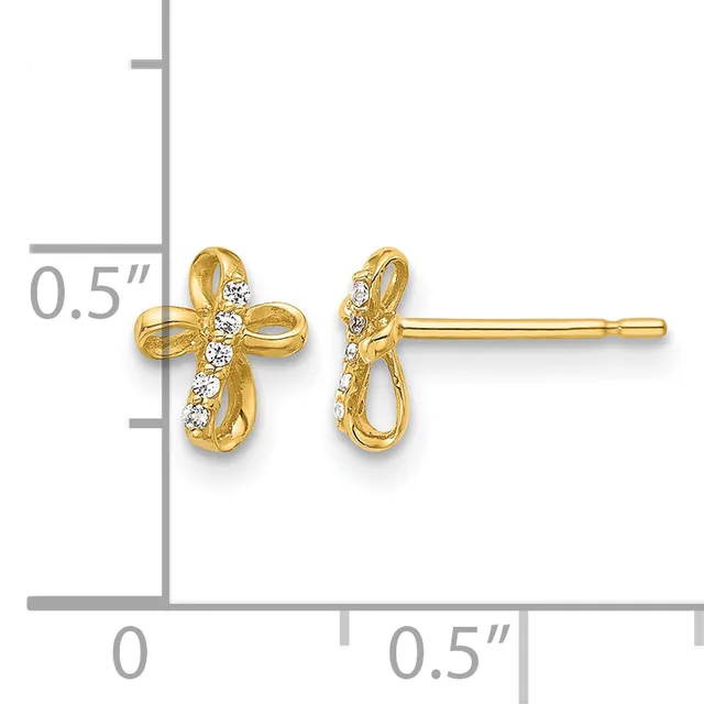 Gold cross stud earrings with curved ribbon-like arms decorated with round cubic zirconia stones, shown with a measurement scale indicating approximately 0.5 inch height.