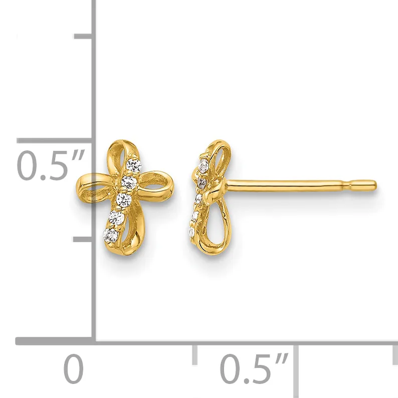 Gold cross stud earrings with curved ribbon-like arms decorated with round cubic zirconia stones, shown with a measurement scale indicating approximately 0.5 inch height.