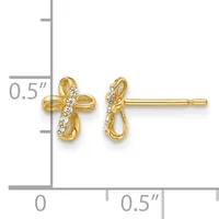 Gold cross stud earrings with curved ribbon-like arms decorated with round cubic zirconia stones, shown with a measurement scale indicating approximately 0.5 inch height.