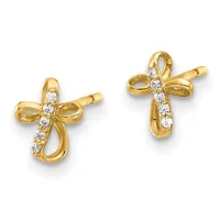 A pair of gold cross-shaped stud earrings with round diamond accents along the vertical and horizontal arms, shown from the front.