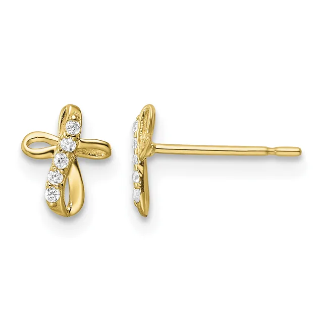 A pair of gold cross stud earrings with diamond accents shown from front and side views.