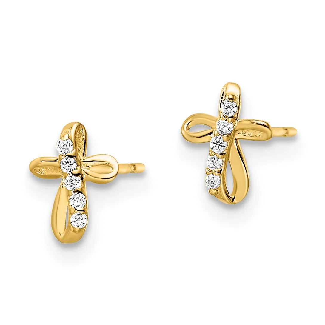 Pair of gold cross stud earrings with round diamond accents set along the vertical bar, shown from the front against a white background.