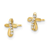 Pair of gold cross stud earrings with round diamond accents set along the vertical bar, shown from the front against a white background.