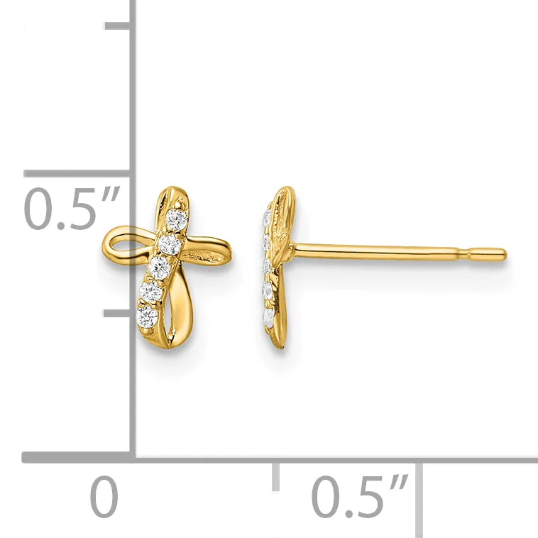 Pair of gold cross stud earrings with white cubic zirconia stones, shown from front and side view next to a measurement scale indicating 0.5 inches in height.