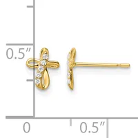 Pair of gold cross stud earrings with white cubic zirconia stones, shown from front and side view next to a measurement scale indicating 0.5 inches in height.