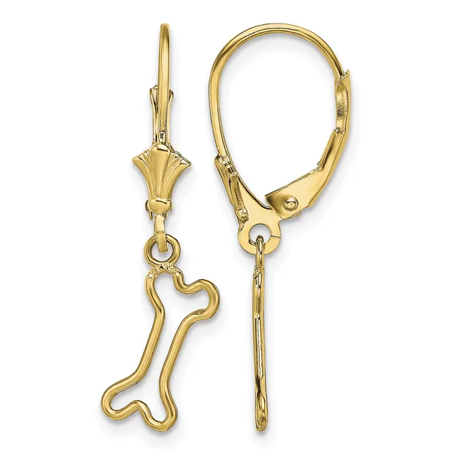 Pair of gold-toned leverback earrings with bone-shaped charms hanging from decorative fan-shaped posts.