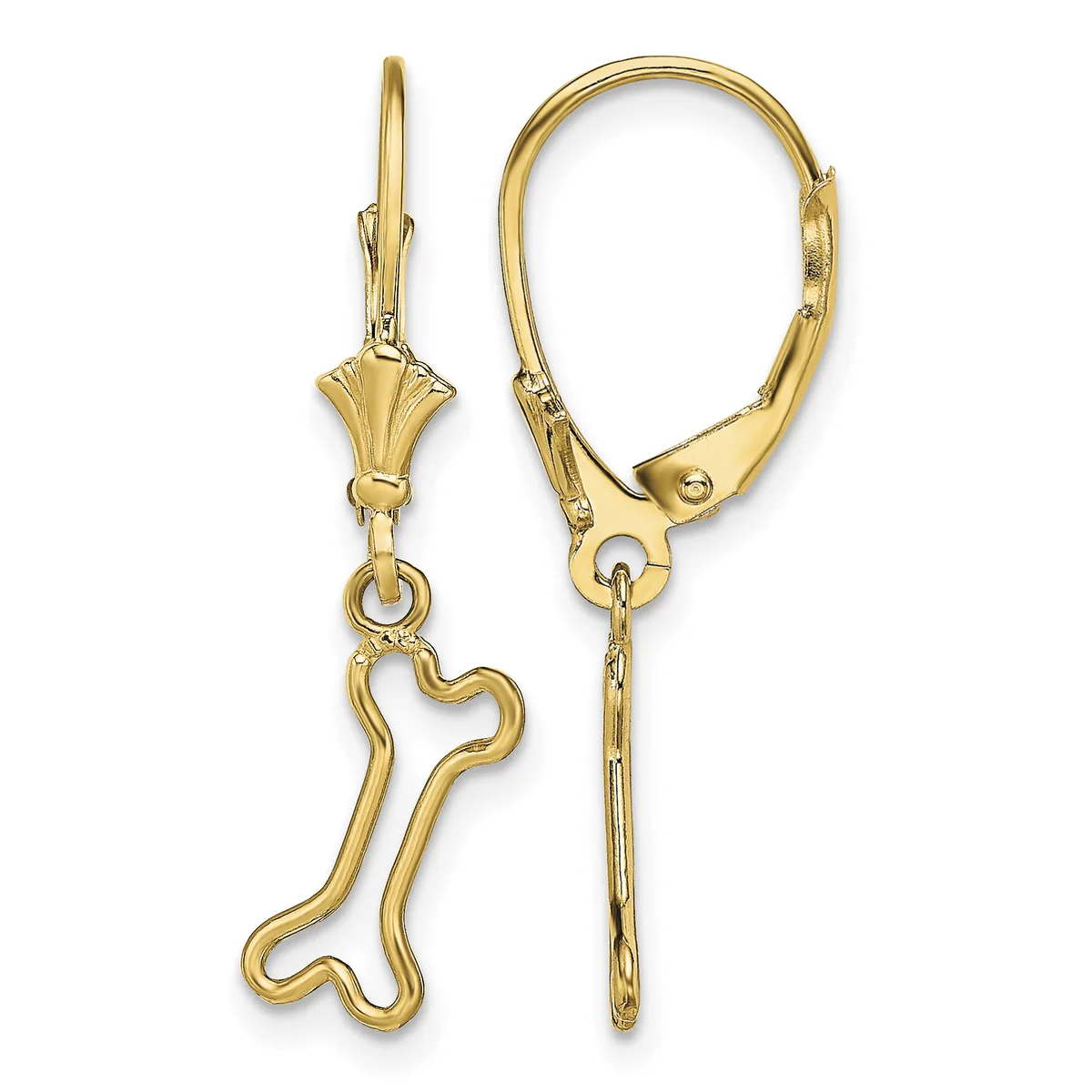 Pair of gold-toned leverback earrings with bone-shaped charms hanging from decorative fan-shaped posts.