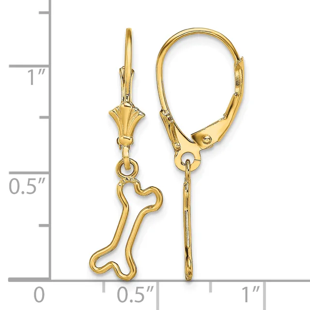 Gold-tone leverback earrings with small fan-shaped tops and bone-shaped charms hanging below, displayed next to a measurement ruler.