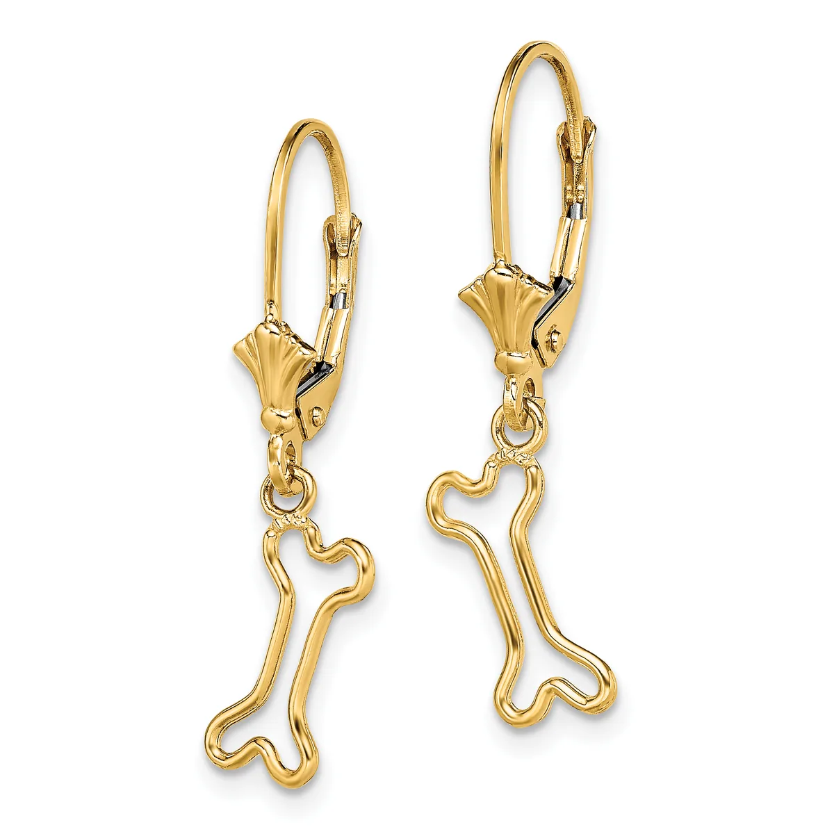 A pair of gold-tone lever-back earrings with bone-shaped pendants hanging from decorative fan-shaped posts.