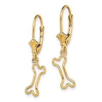 A pair of gold-tone lever-back earrings with bone-shaped pendants hanging from decorative fan-shaped posts.