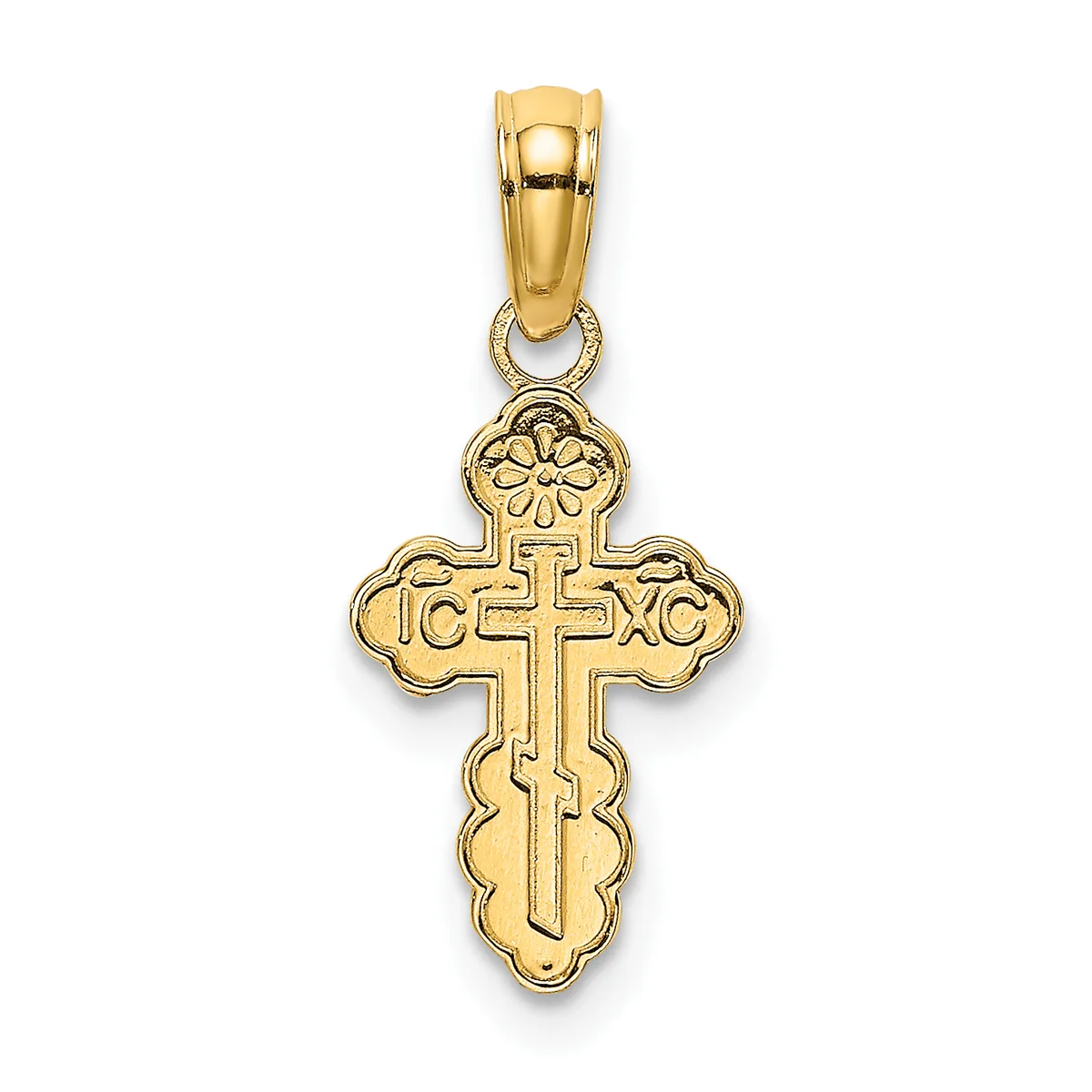 Gold cross pendant with ornate curved edges and religious inscriptions, suspended from a gold bail loop.