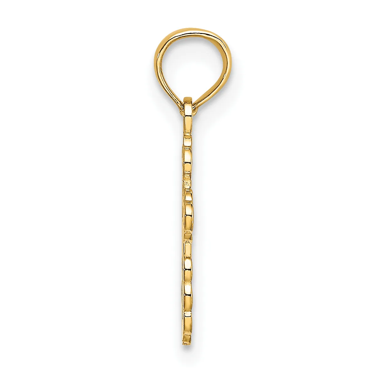 A gold-toned keychain with a circular loop at the top and a rectangular link chain hanging below it against a white background.