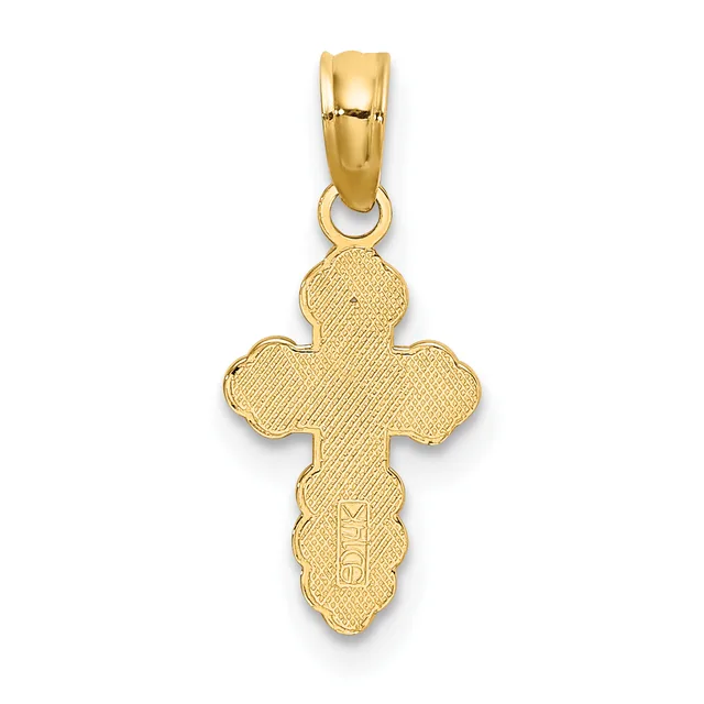 Gold cross pendant with textured surface and decorative lobed edges, suspended from a polished bail.