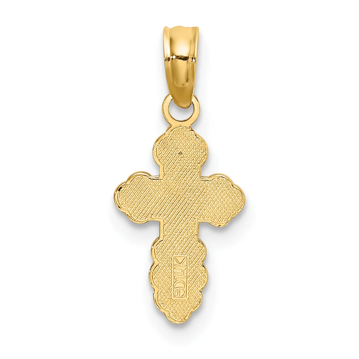 Gold cross pendant with textured surface and decorative lobed edges, suspended from a polished bail.