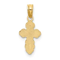 Gold cross pendant with textured surface and decorative lobed edges, suspended from a polished bail.