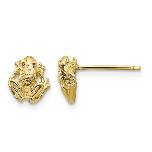 Pair of gold frog-shaped stud earrings shown from front and side views, featuring textured details and posted backs.