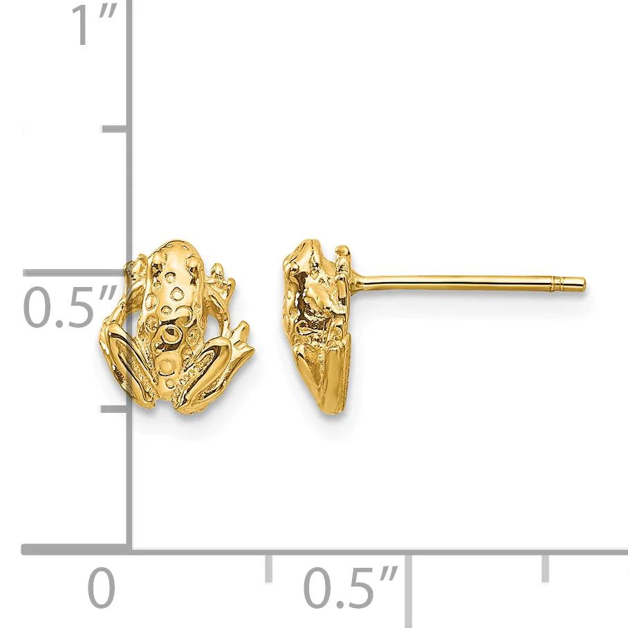 Gold frog stud earrings shown front and side view next to a ruler indicating approximately 0.5 inch height.