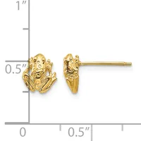Gold frog stud earrings shown front and side view next to a ruler indicating approximately 0.5 inch height.