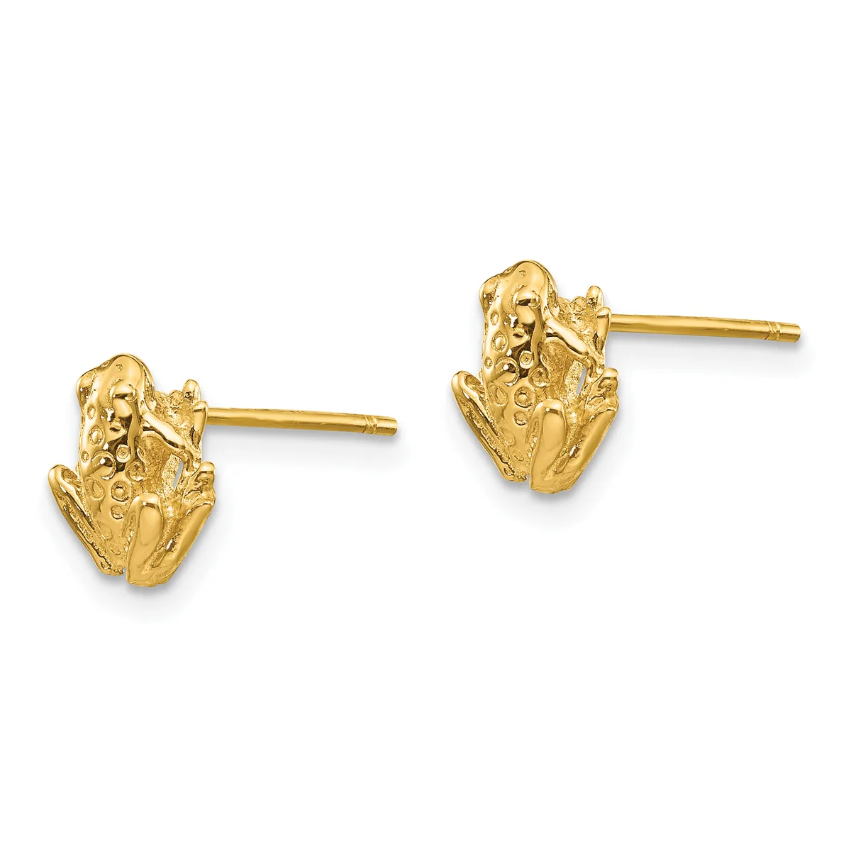 A pair of gold stud earrings shaped like frogs, shown from the front against a white background.