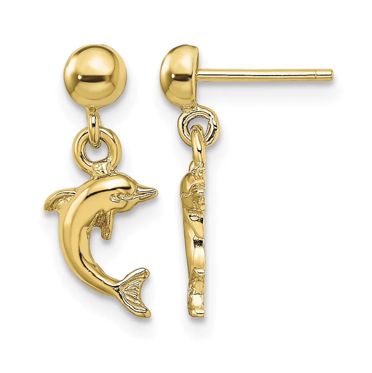 Pair of gold-toned dolphin drop earrings with ball studs, shown from front and side views.
