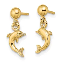 Pair of gold dolphin drop earrings with ball studs connected by textured link chains to dangling polished dolphin charms.