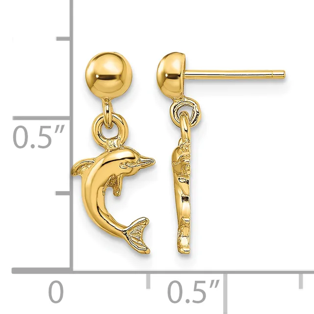 Pair of gold-colored dolphin charm drop earrings with ball studs, shown against a measurement scale indicating approximately half an inch in length.