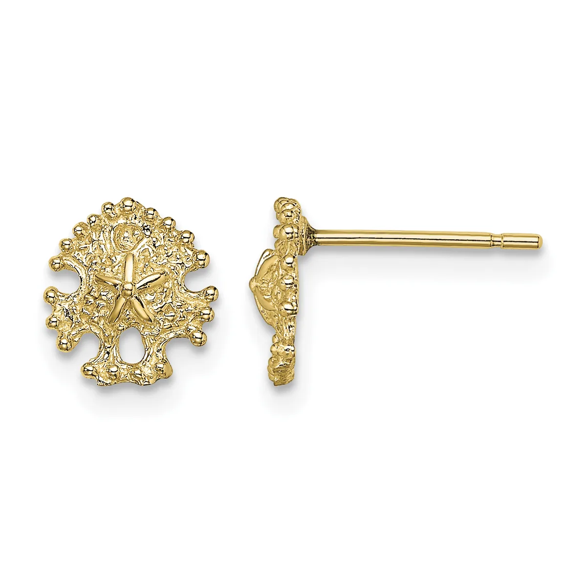 Pair of gold-colored stud earrings shaped like sea urchins or starbursts with textured surface detail, shown from front and side views.
