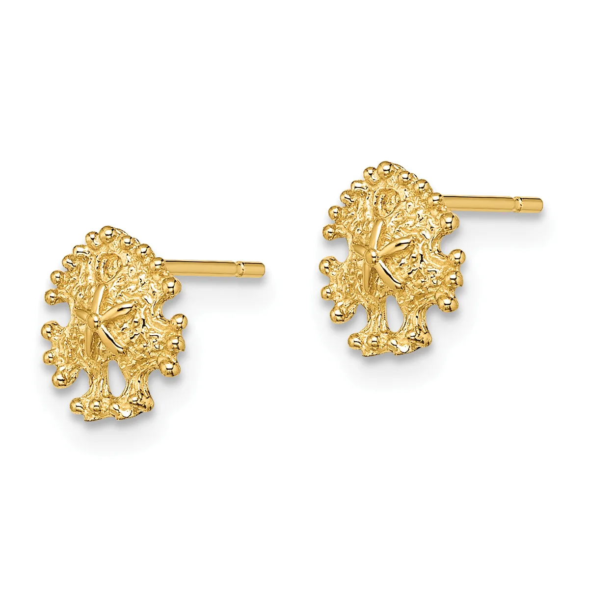 Pair of gold tree-shaped stud earrings with textured branches and spherical details, shown from front view against a white background.
