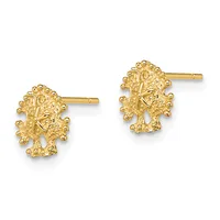 Pair of gold tree-shaped stud earrings with textured branches and spherical details, shown from front view against a white background.