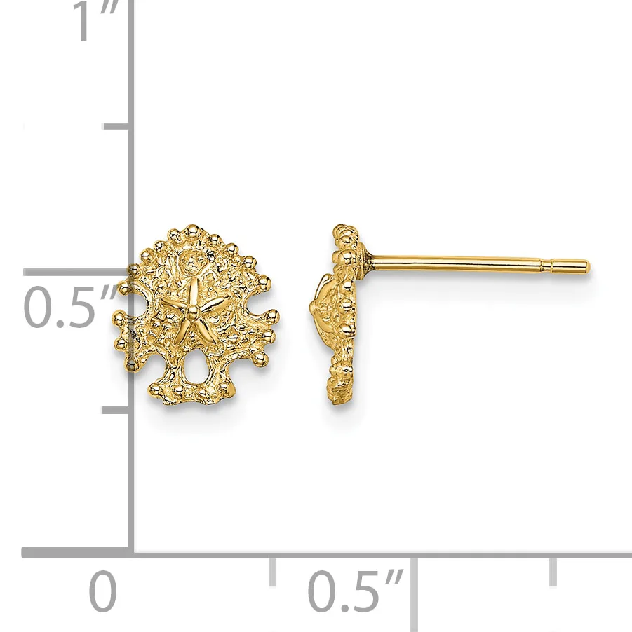 Pair of gold-colored stud earrings with textured starfish or sea urchin designs, shown front and side view against a measurement scale.