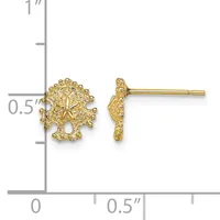 Pair of gold-colored stud earrings with textured starfish or sea urchin designs, shown front and side view against a measurement scale.