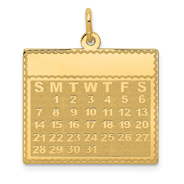 Gold calendar pendant with decorative border showing days of the week abbreviations and numbered dates 1-31, suspended from a loop bail.