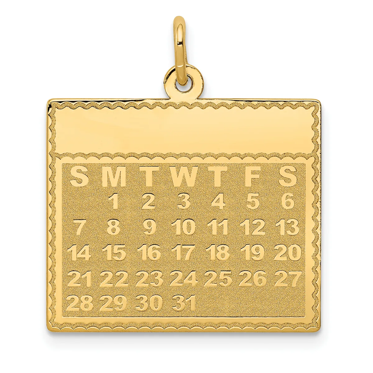 Gold calendar pendant with decorative border showing days of the week abbreviations and numbered dates 1-31, suspended from a loop bail.