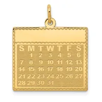 Gold calendar pendant with decorative border showing days of the week abbreviations and numbered dates 1-31, suspended from a loop bail.