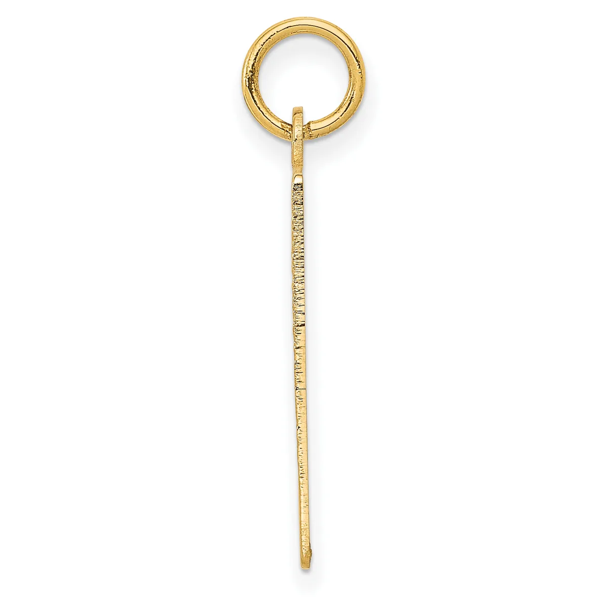 A long gold pendant with a decorative textured shaft and a polished circular loop at the top, shown against a white background.