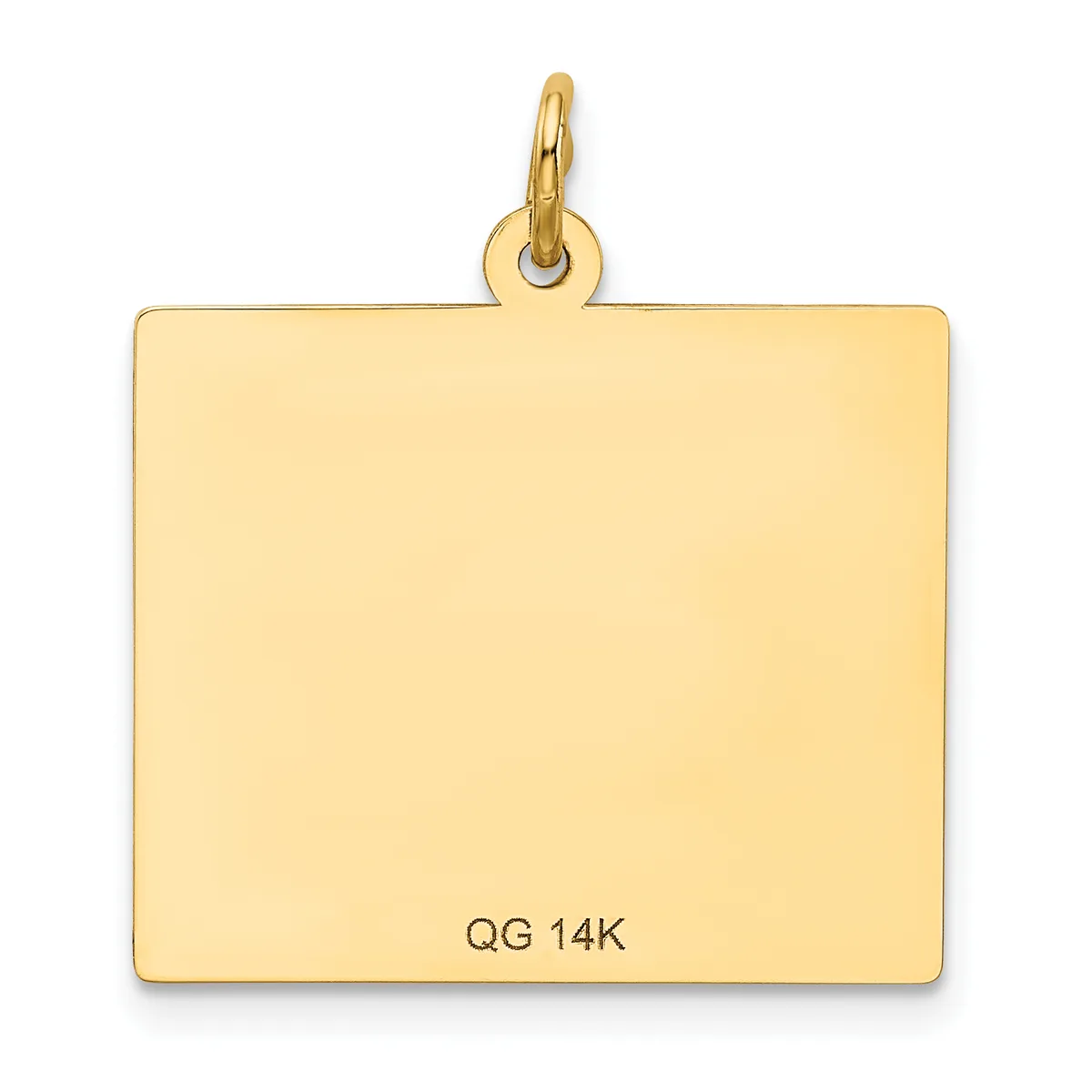 A polished rectangular gold pendant with a small loop attachment at the top, shown against a white background.