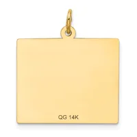A polished rectangular gold pendant with a small loop attachment at the top, shown against a white background.