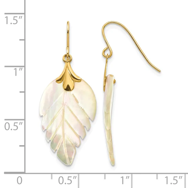 Pair of gold-tone shepherd hook earrings with carved mother-of-pearl leaf pendants featuring gold veining detail, shown front and side view against a white measurement background.