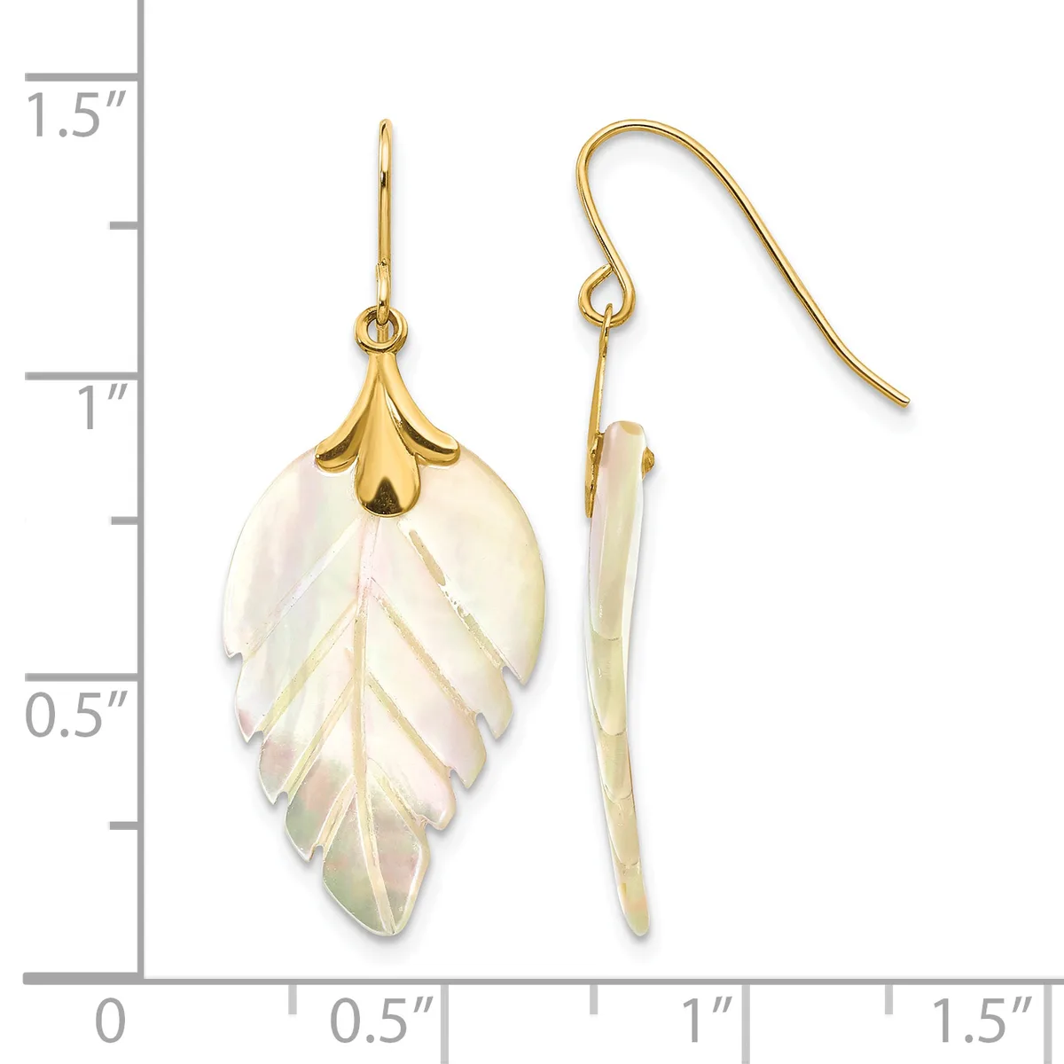 Pair of gold-tone shepherd hook earrings with carved mother-of-pearl leaf pendants featuring gold veining detail, shown front and side view against a white measurement background.