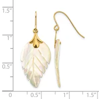 Pair of gold-tone shepherd hook earrings with carved mother-of-pearl leaf pendants featuring gold veining detail, shown front and side view against a white measurement background.