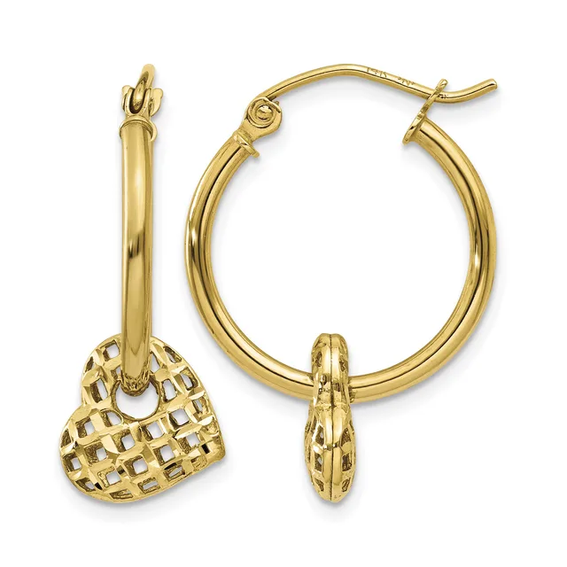 Pair of gold hoop earrings, one plain and polished, one with a textured woven or lattice pattern on the attached charm.
