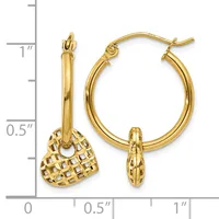 Pair of gold hoop earrings with textured shield-shaped charms dangling from the top, displayed against a ruler showing approximately one inch in length.
